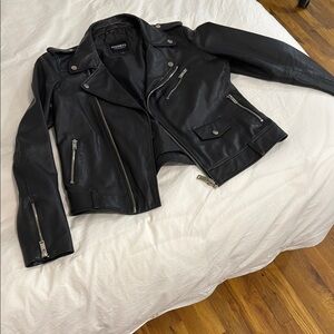 Barney’s Black Leather Moto Jacket with Asymmetrical Zipper